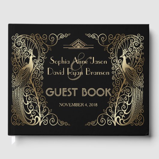 Glam Gold Art Deco Peacocks Wedding Gastenboek (Voorkant)