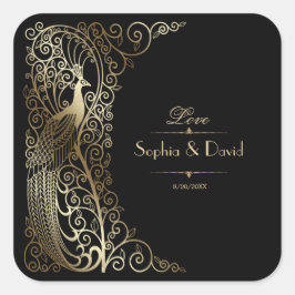 Glam Gold Art Deco Peacocks Wedding Vierkante Sticker