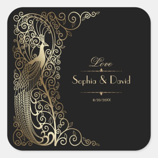 Glam Gold Art Deco Peacocks Wedding Vierkante Sticker (Voorkant)