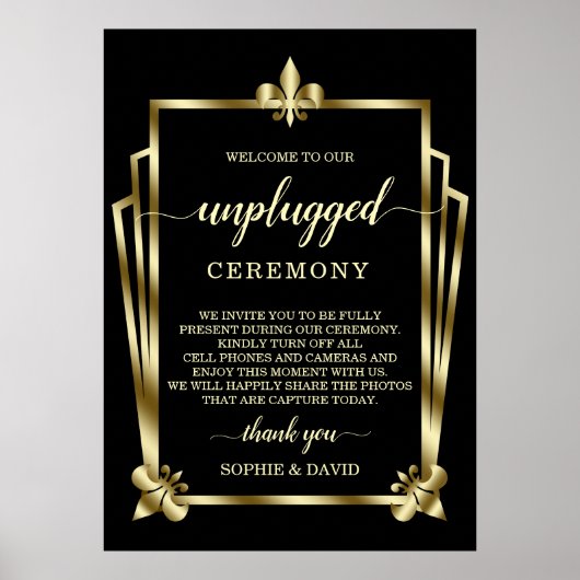 Glam Gold Art Deco Unplugged Wedding Ceremony Sign Poster (Voorkant)