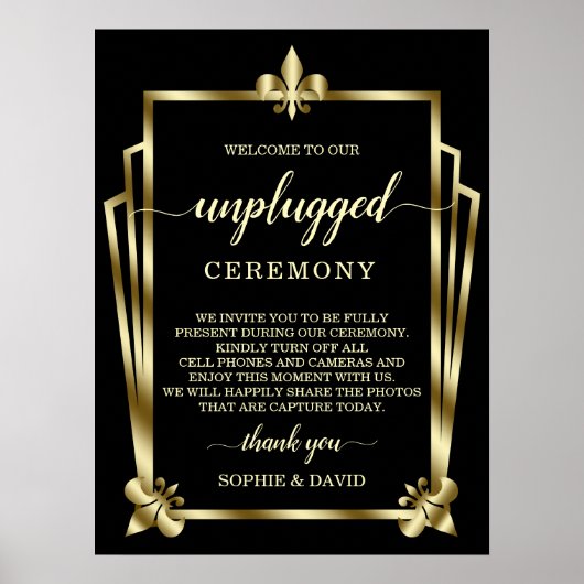 Glam Gold Art Deco Unplugged Wedding Ceremony Sign Poster (Voorkant)