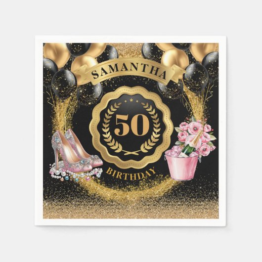 Glam Gold Balloons servetten met Blush High Heels (Voorkant)
