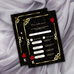 Glam Gold Black Art Deco 20s bruiloft en reisschem RSVP Kaartje<br><div class="desc">Uniek Casino Royale en Great Gatsby thema kaart ontwerp. Het beschikt over een art deco stijl, een Roaring 1920's oude Hollywood gebroken lijst met faux gouden folie Fleur-de-lis, rode harten, Q (Queen) en K (King) op twee hoeken (simuleren speelkaarten), op gouden zwarte Art Deco patroonachtergrond. Gebruik de tool Personaliseren om...</div>