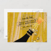 Glam Gold Black Bewaar de datum Champagne Verjaard Aankondigingskaart (Voorkant / Achterkant)