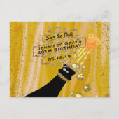 Glam Gold Black Bewaar de datum Champagne Verjaard Aankondigingskaart (Voorkant)