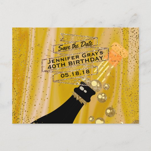 Glam Gold Black Bewaar de datum Champagne Verjaard Aankondigingskaart (Voorkant)