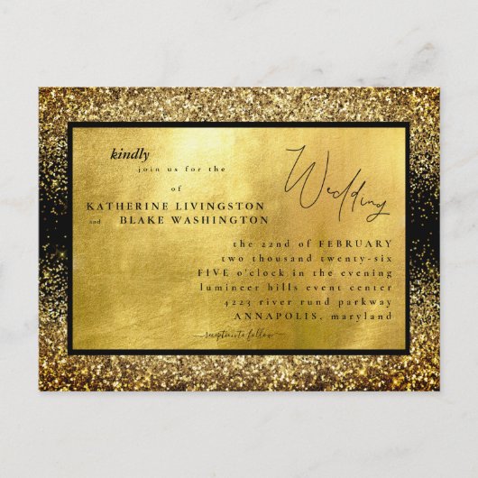 Glam Gold & Black budget Weddenschap Uitnodiging Briefkaart (Voorkant)