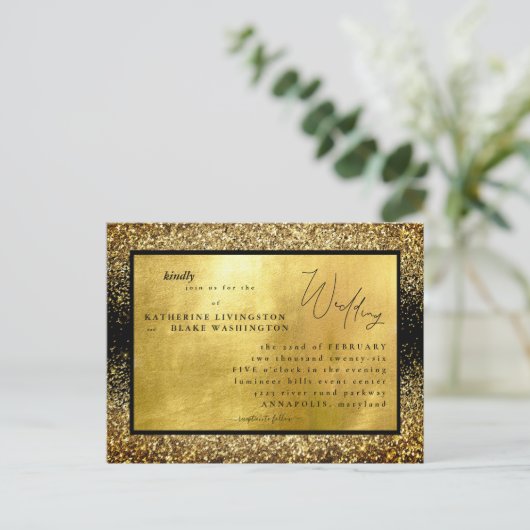 Glam Gold & Black budget Weddenschap Uitnodiging Briefkaart (Staand voorkant)