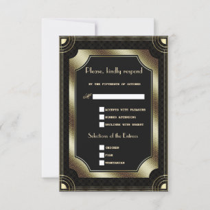 Glam Gold Black Great Art Deco Wedding RSVP Kaartje