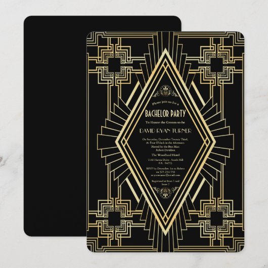 Glam Gold Black Great Gatsby Bachelor Party Kaart (Voorkant / Achterkant)