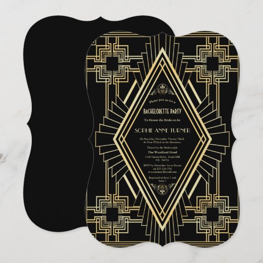 Glam Gold Black Great Gatsby Bachelorette Party Kaart (Voorkant / Achterkant)