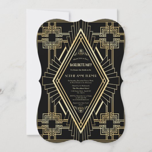 Glam Gold Black Great Gatsby Bachelorette Party Kaart (Voorkant)