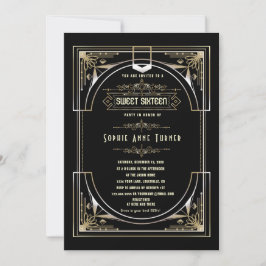 Glam Gold Black Great Gatsby Sweet Sixteen Kaart