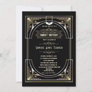 Glam Gold Black Great Gatsby Sweet Sixteen Kaart