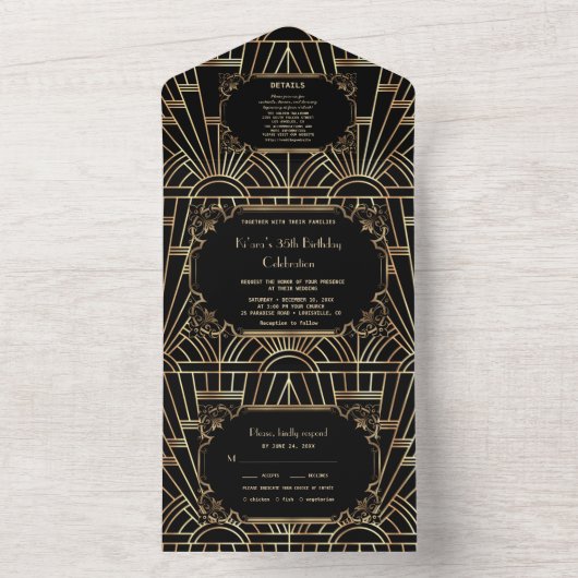 Glam Gold Black Grote Gatsby Art Deco Verjaardag All In One Uitnodiging (Binnen)