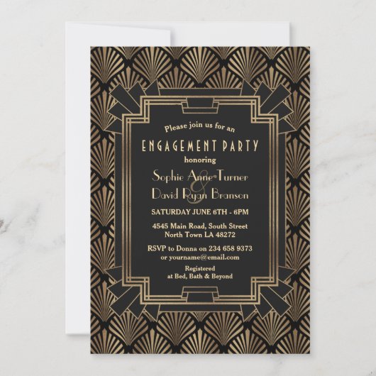 Glam Gold Black - Grote Gatsby Engagement Party Kaart (Voorkant)