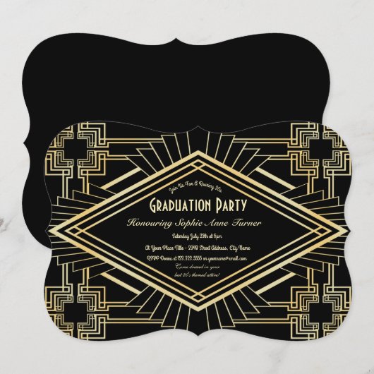 Glam Gold Black - Grote Gatsby Graduparty Kaart (Voorkant / Achterkant)