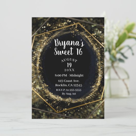 Glam Gold & Black Modern Abstract Glam Sweet 16 Kaart (Staand voorkant)