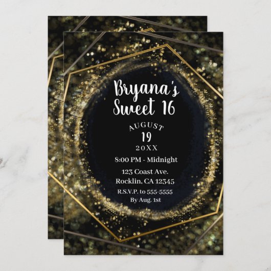 Glam Gold & Black Modern Abstract Glam Sweet 16 Kaart (Voorkant / Achterkant)
