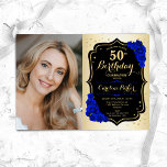 Glam Gold Black Royal Blue 50ste foto Verjaardag Kaart<br><div class="desc">Elegante bloemenvrouwelijke 50e verjaardagsuitnodiging met uw foto. Glam ontwerp met faux goud. Beschikt over koningsblauwe rozen,  scriptlettertype en confetti. Perfect voor een stijlvol volwassen feestje. Personaliseer met je eigen gegevens. Kan voor om het even welke leeftijd worden aangepast! Gedrukte Zazzle-uitnodigingen of direct download digitale afdrukbare sjabloon.</div>