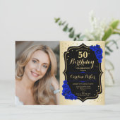 Glam Gold Black Royal Blue 50ste foto Verjaardag Kaart (Staand voorkant)