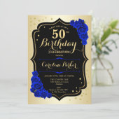 Glam Gold Black Royal Blue Foto 50e verjaardag Kaart (Staand voorkant)
