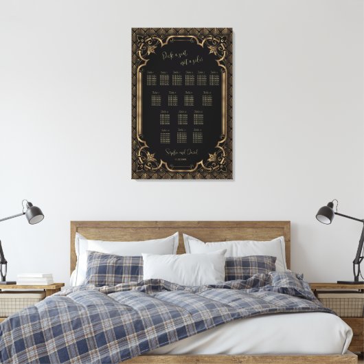 Glam Gold Black Wedding Seating Chart Canvas Afdruk (Insitu (Slaapkamer))