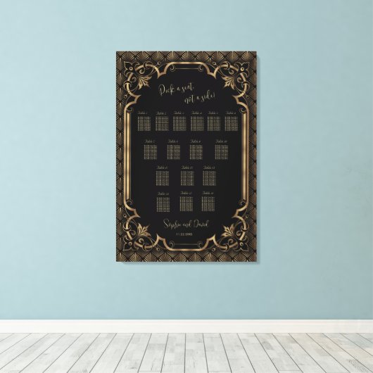 Glam Gold Black Wedding Seating Chart Canvas Afdruk (Insitu (Houten vloer))