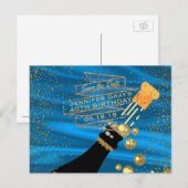 Glam Gold Blue Bewaar de datum Champagne Verjaarda Aankondigingskaart (Voorkant / Achterkant)