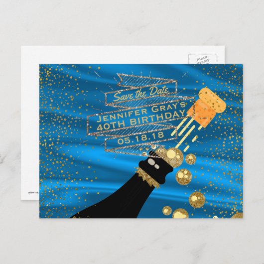 Glam Gold Blue Bewaar de datum Champagne Verjaarda Aankondigingskaart (Voorkant / Achterkant)