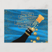 Glam Gold Blue Bewaar de datum Champagne Verjaarda Aankondigingskaart (Voorkant)