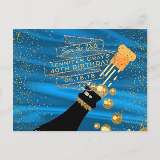 Glam Gold Blue Bewaar de datum Champagne Verjaarda Aankondigingskaart (Voorkant)