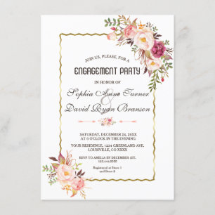 Glam Gold Blush Pink Floral Engagement Party Kaart