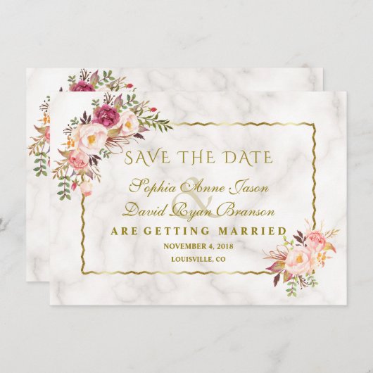 Glam Gold Blush Pink Floral Marble Save the Date (Voorkant / Achterkant)