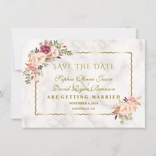 Glam Gold Blush Pink Floral Marble Save the Date (Voorkant)