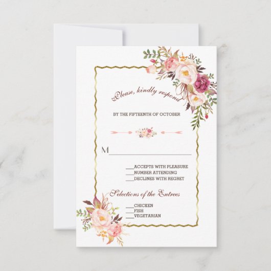 Glam Gold Blush Pink Floral Weddenschap RSVP (Voorkant)