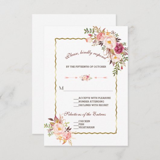 Glam Gold Blush Pink Floral Weddenschap RSVP (Voorkant / Achterkant)