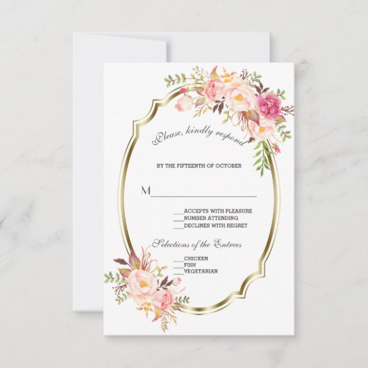 Glam Gold Blush Pink Floral Weddenschap RSVP (Voorkant)
