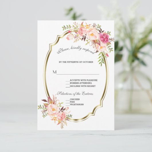 Glam Gold Blush Pink Floral Weddenschap RSVP (Staand voorkant)