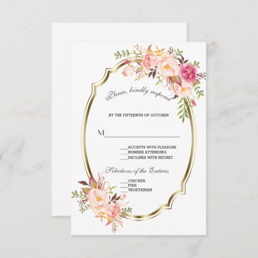 Glam Gold Blush Pink Floral Weddenschap RSVP (Voorkant / Achterkant)