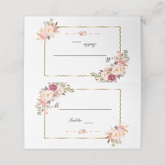 Glam Gold Blush Pink Floral Wedstrijknummer Plaatskaartje (Buitenkant ongevouwen)