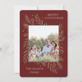 Glam Gold Botanical Maroon-fotokaart Feestdagenkaart