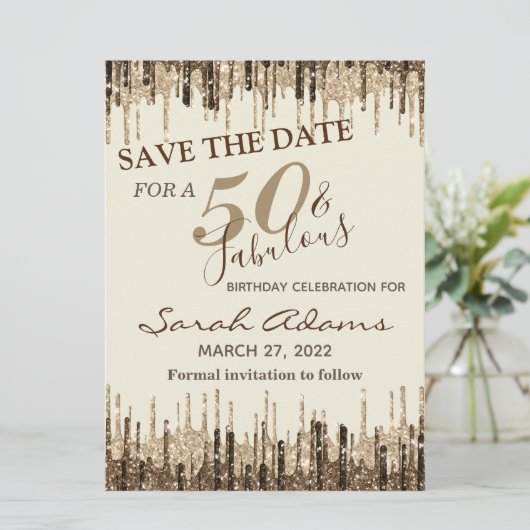 Glam Gold Brown Drip 50 Fab Birthday Save the Date (Staand voorkant)