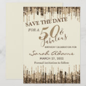 Glam Gold Brown Drip 50 Fab Birthday Save the Date (Voorkant / Achterkant)