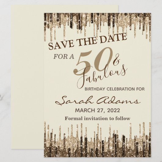 Glam Gold Brown Drip 50 Fab Birthday Save the Date (Voorkant / Achterkant)