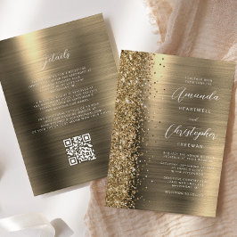 Glam Gold Brushed Metal QR Code Wedding Kaart
