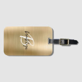 Glam Gold Brushed Metal Zwart Wit Monogram Bagagelabel (Voorkant (horizontaal))