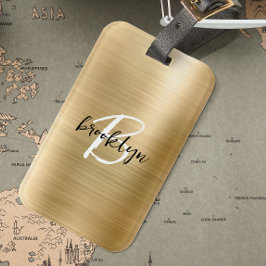 Glam Gold Brushed Metal Zwart Wit Monogram Bagagelabel