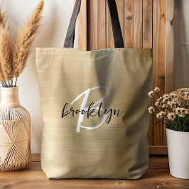 Glam Gold Brushed Metal Zwart Wit Monogram Tote Bag