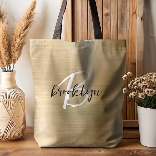Glam Gold Brushed Metal Zwart Wit Monogram Tote Bag